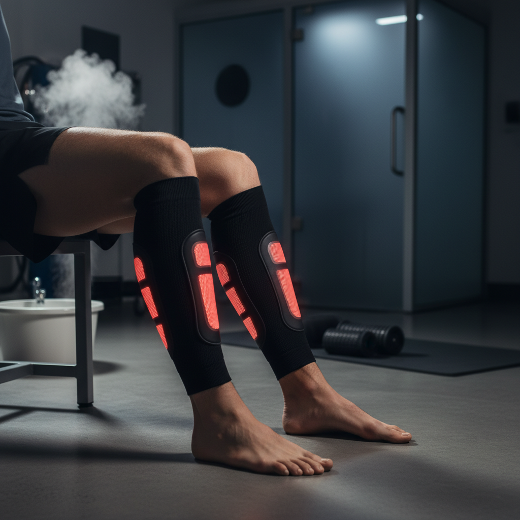 A runner's lower legs with a subtle red glow on the shins in an athletic recovery setting.