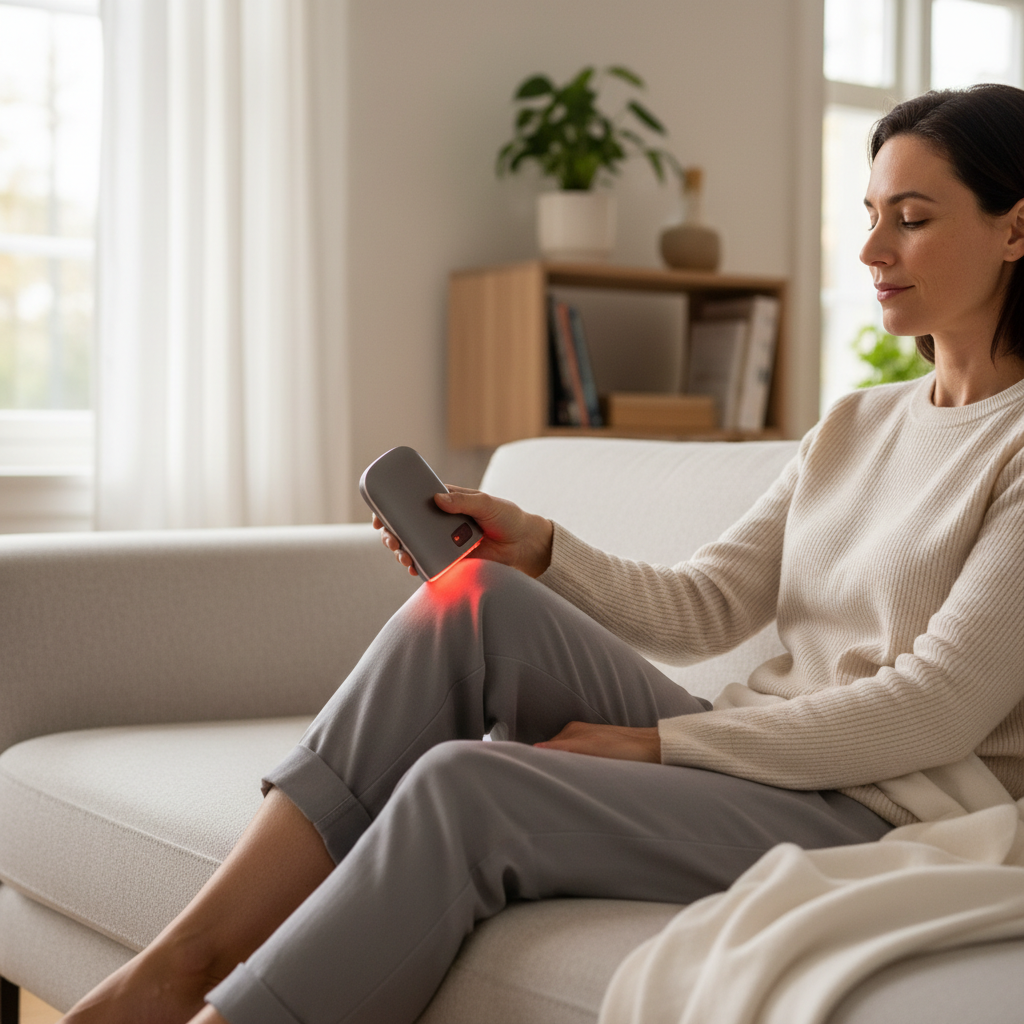 A person applying a red light therapy device to a knee in a home setting with a warm therapeutic glow.