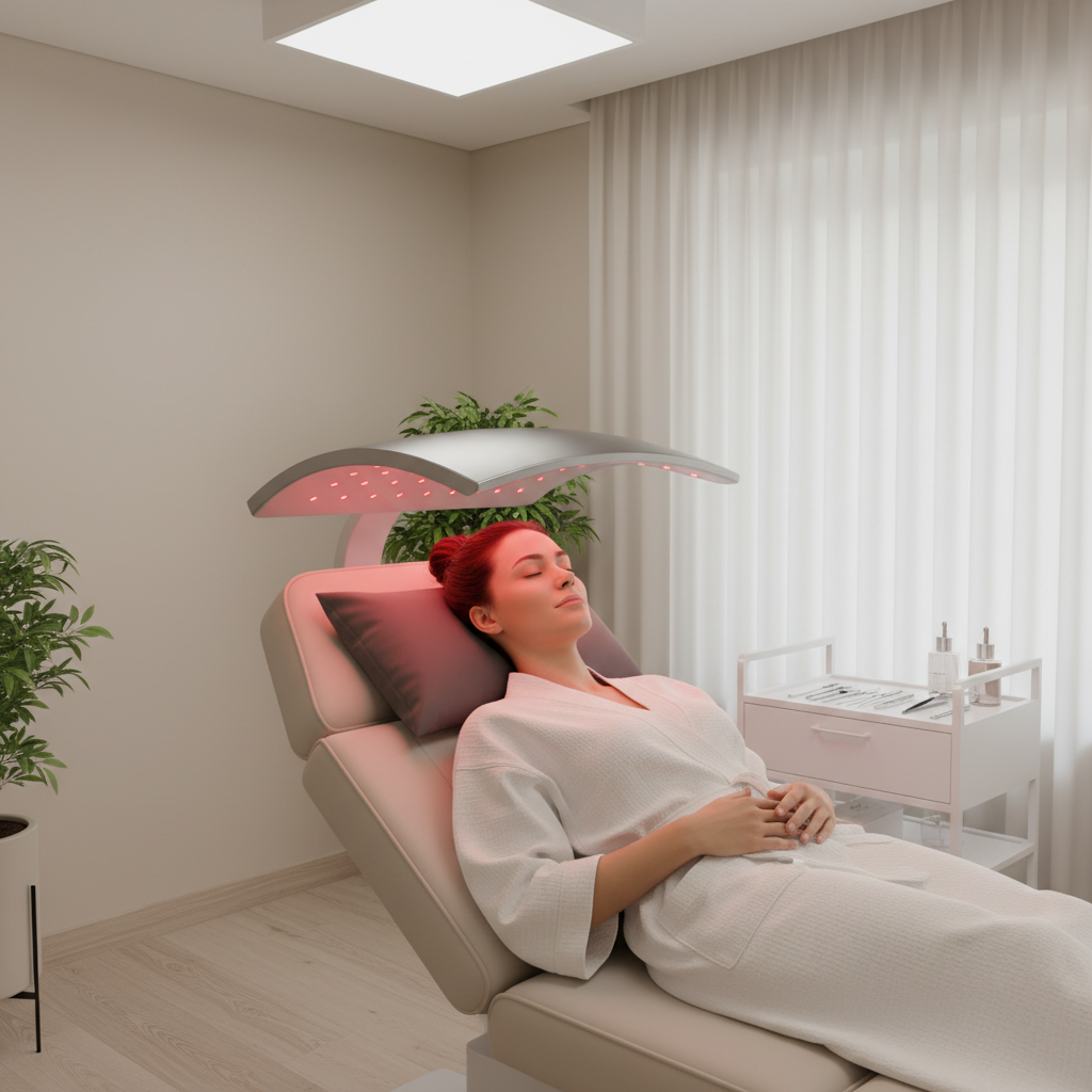A calm clinical scene of a person receiving red light therapy on the face after microneedling treatment.