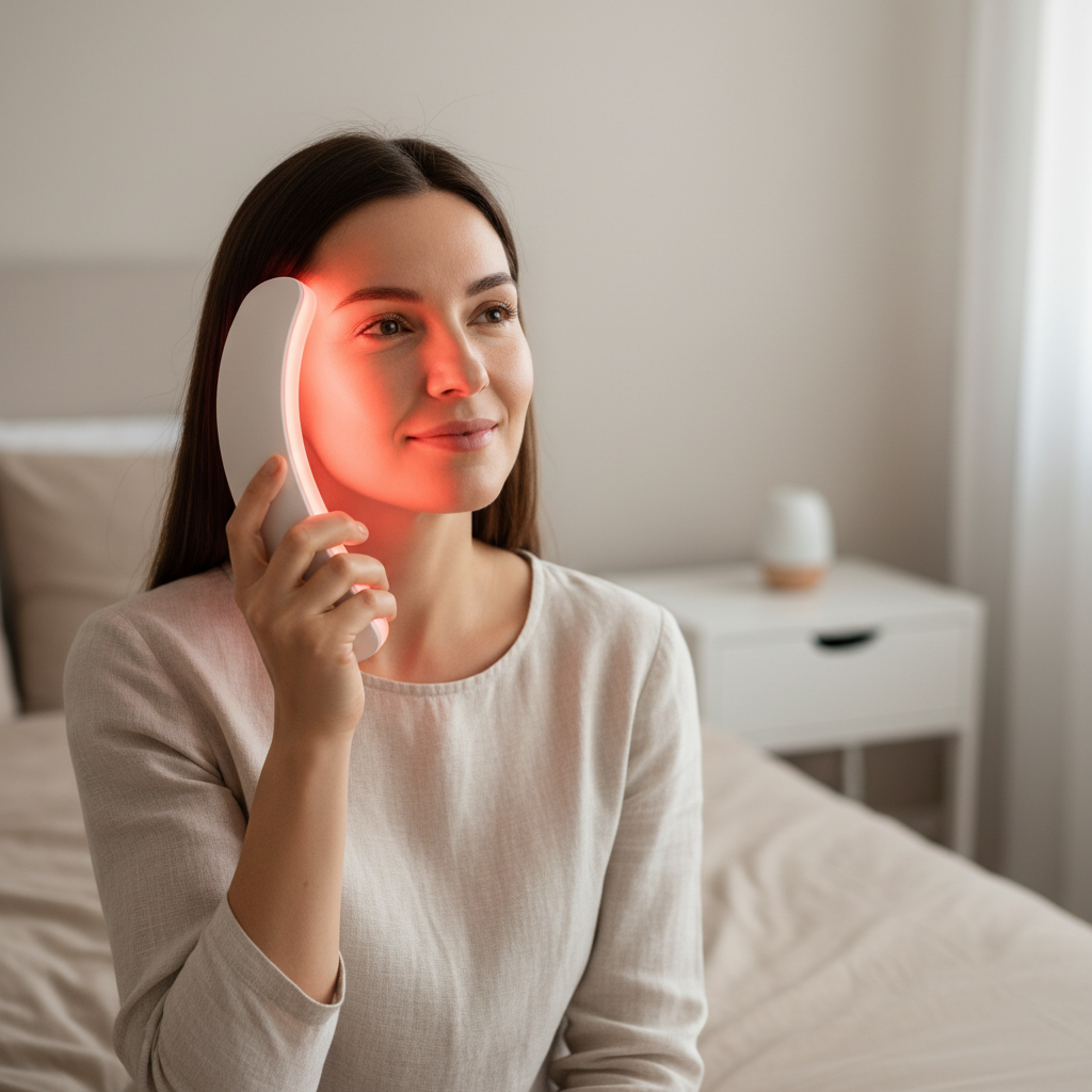 Woman using red light therapy at home for PCOS hormonal acne care, calm scientific wellness setting with clear skin and soft red lighting