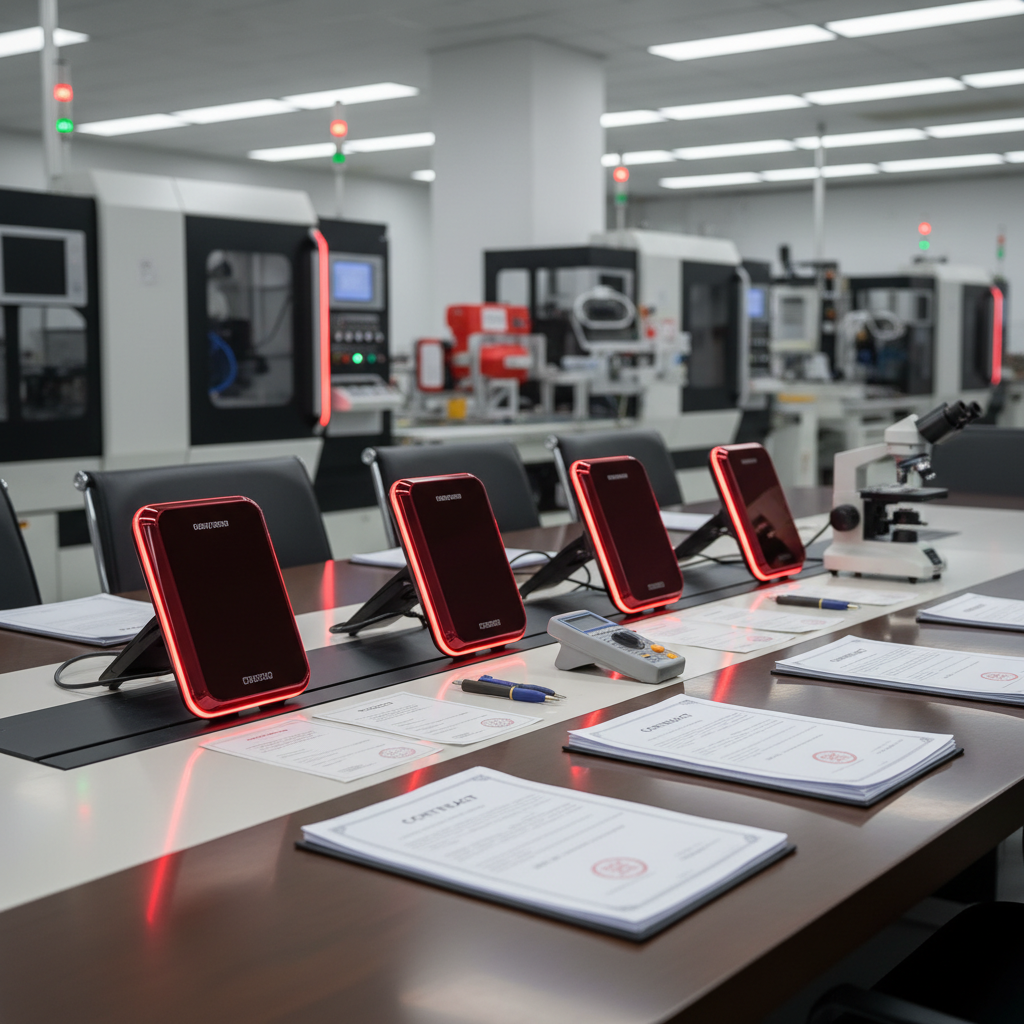 A professional sourcing scene with red light therapy device prototypes, certification documents, and contract papers in a modern factory setting.