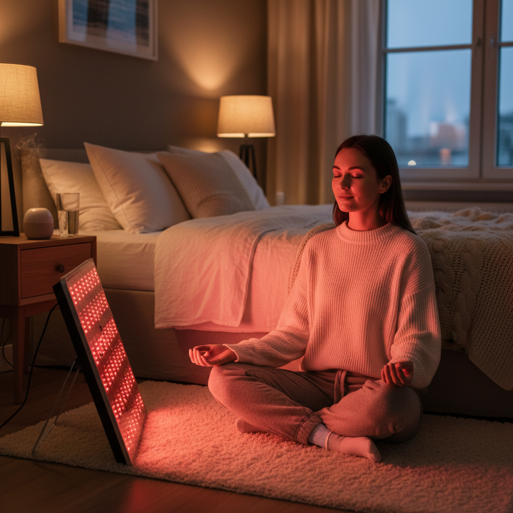 A calm evening bedroom scene with a person relaxing near a red light therapy panel in warm dim lighting.
