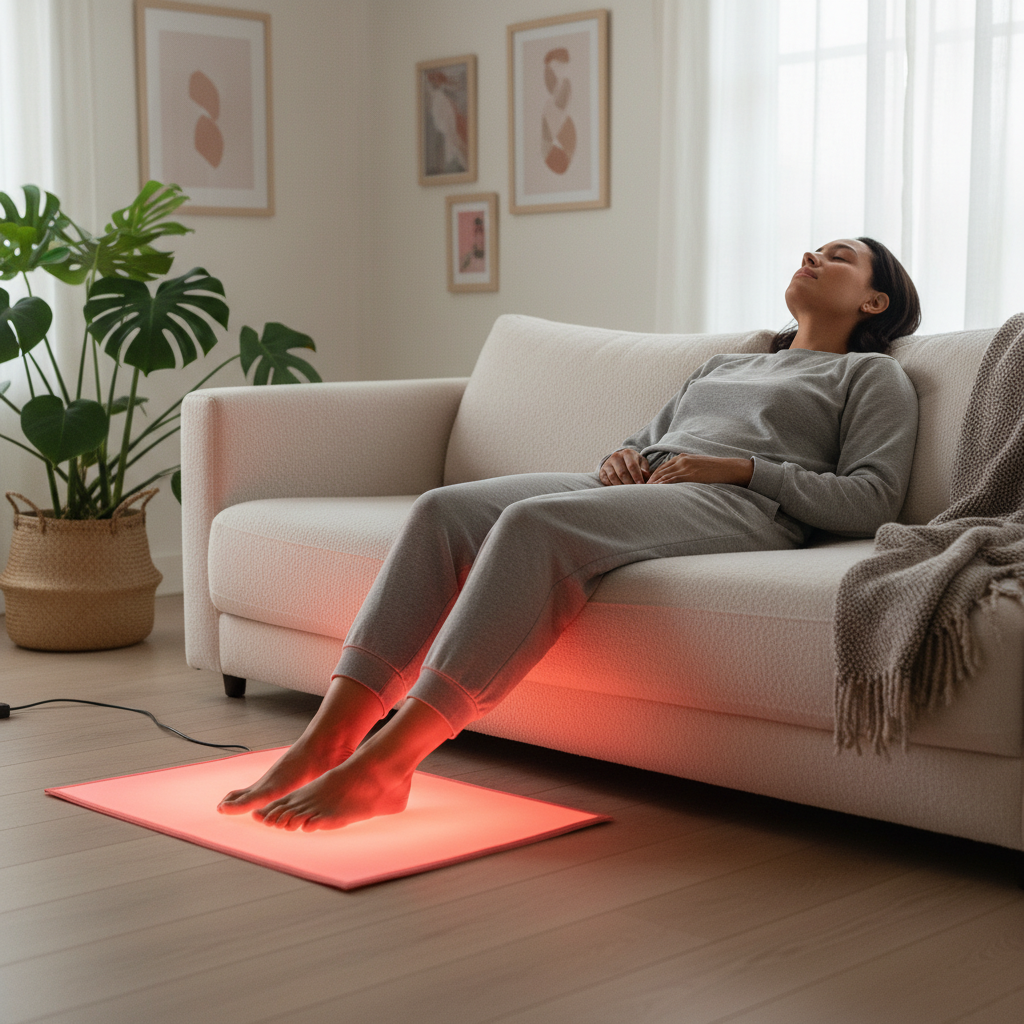 A person gently using a red light therapy foot pad at home, with a soft red glow on the feet and lower legs.