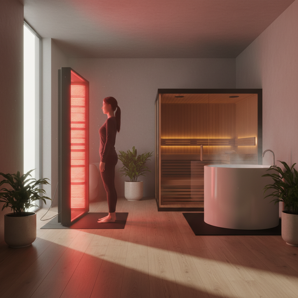 Biohacker performing red light therapy stacking routine with sauna and cold plunge equipment at home