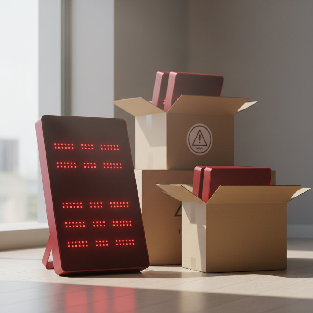 A modern red light therapy device beside shipping boxes and warning symbols, illustrating the risks of buying an expensive wellness device.