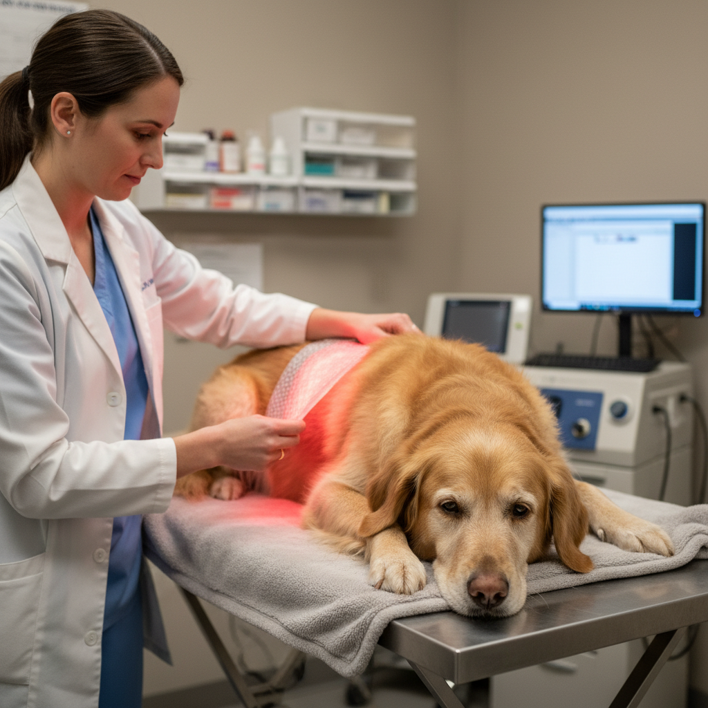 A veterinarian in a clean clinical setting uses a red light therapy mat on a dog with arthritis.