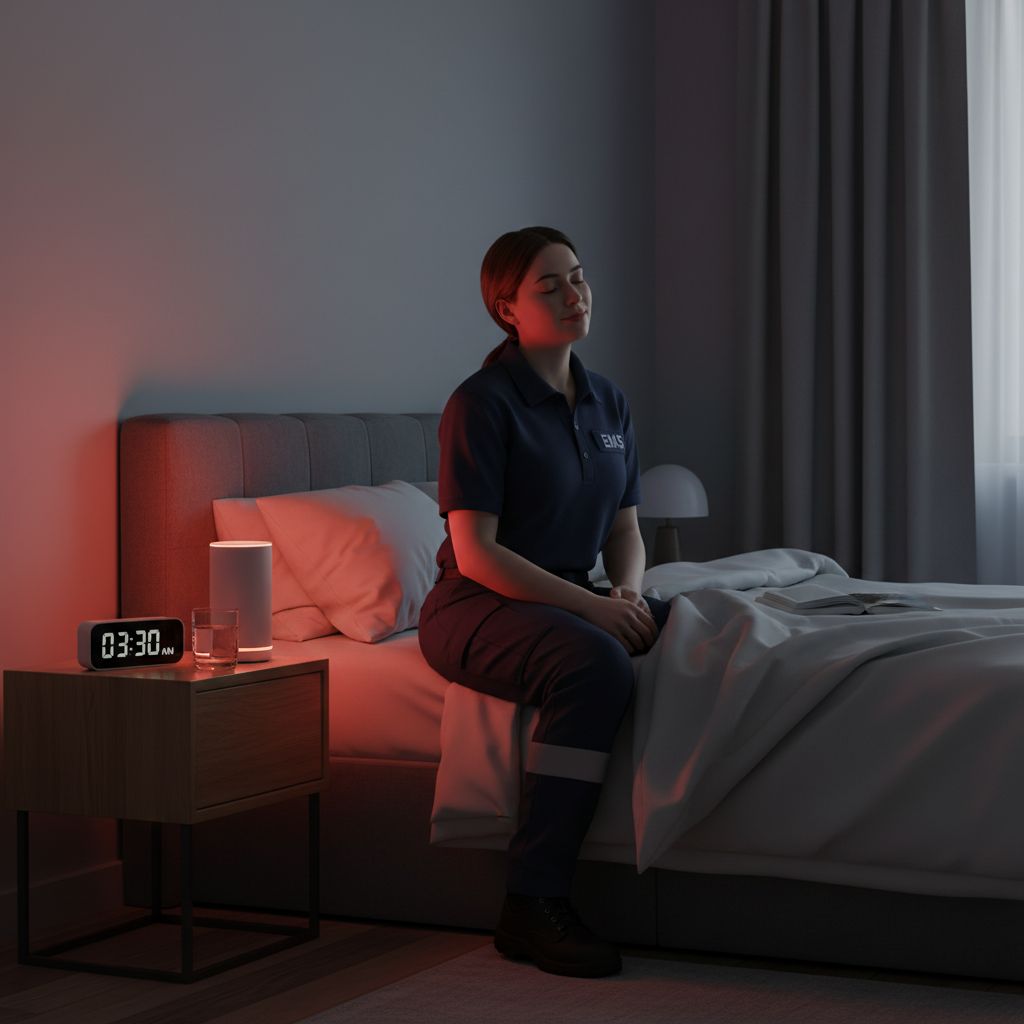 A shift worker in a calm bedroom recovery scene with a clock showing an odd hour and soft red light therapy tones.