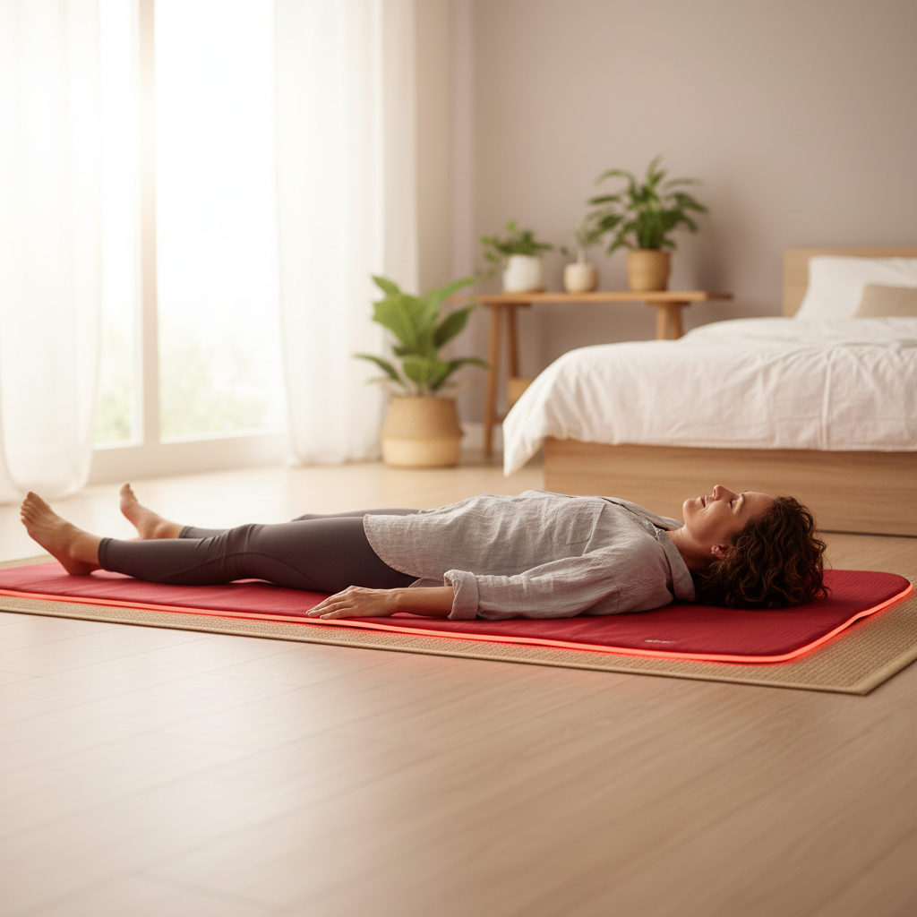 A calm, professional home scene of a person lying comfortably on a full-body red light therapy mat for back relief.