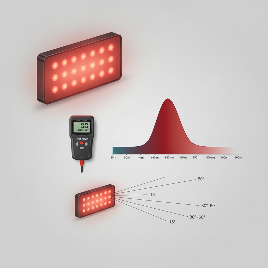 An educational infographic-style scene showing a red light therapy panel with an irradiance meter, wavelength spectrum visualization, and beam angle illustration.