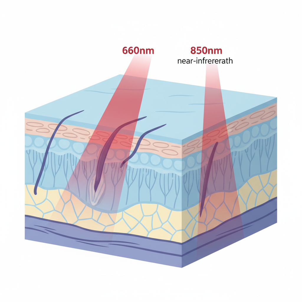Educational diagram showing red and near-infrared light penetrating different depths into skin layers.