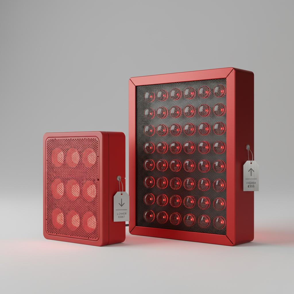 A clean side-by-side comparison of budget and premium red light therapy panels with subtle price labels.