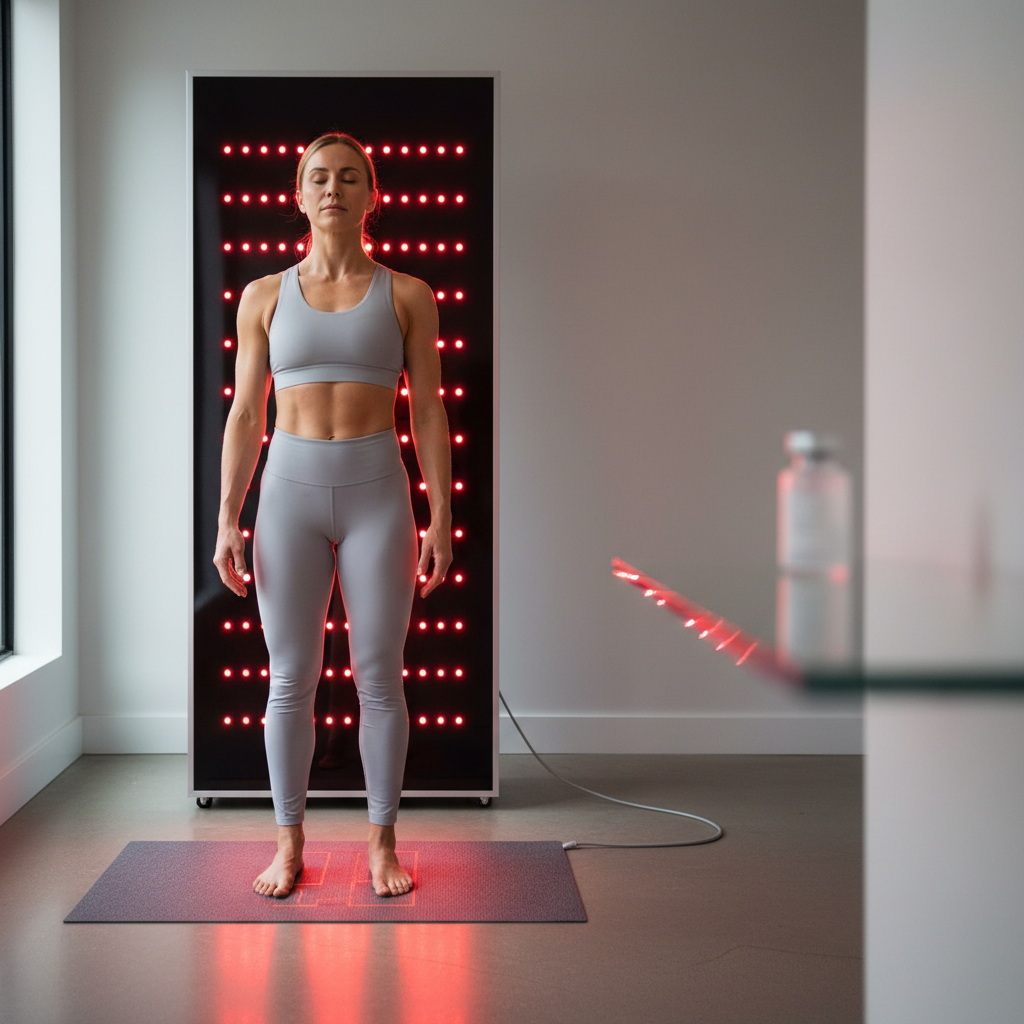 A modern wellness scene showing a person using a red light therapy panel, with a grounding mat and a peptide vial subtly placed in the background.