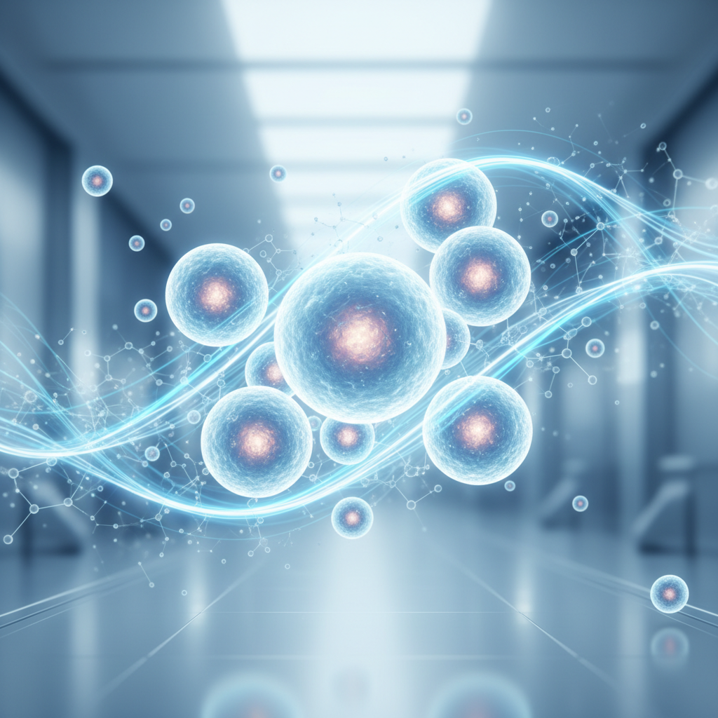 Abstract medical scene with stem cells, glowing light waves, and a hopeful regenerative atmosphere in a clinical setting.