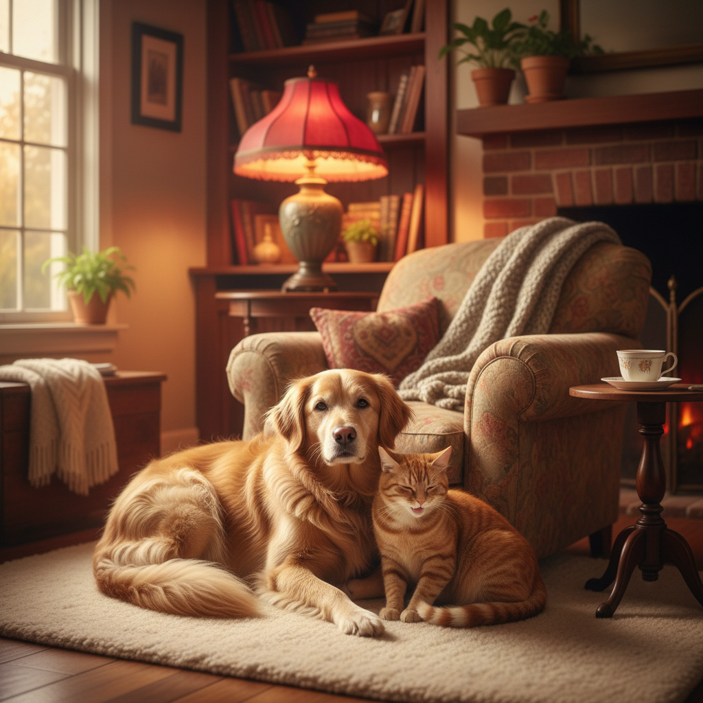 A happy senior dog and cat sitting together in a warm home setting with a soft red glow in the background.