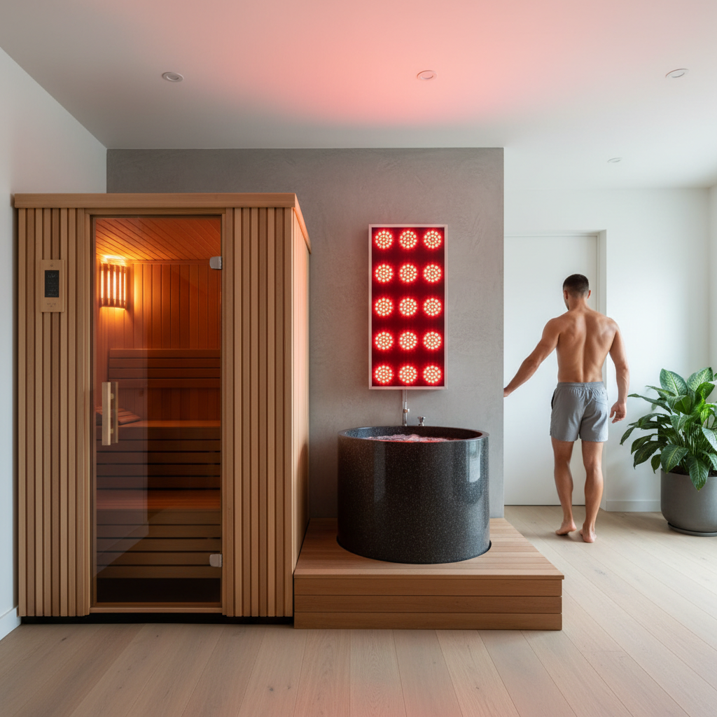 Person using red light therapy panel after sauna session in modern home wellness room with cold plunge tub nearby