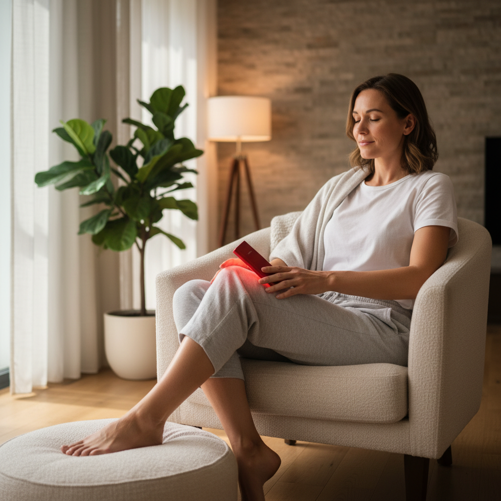 A person using a red light therapy device on the knee in a calm home setting with a soft red glow.