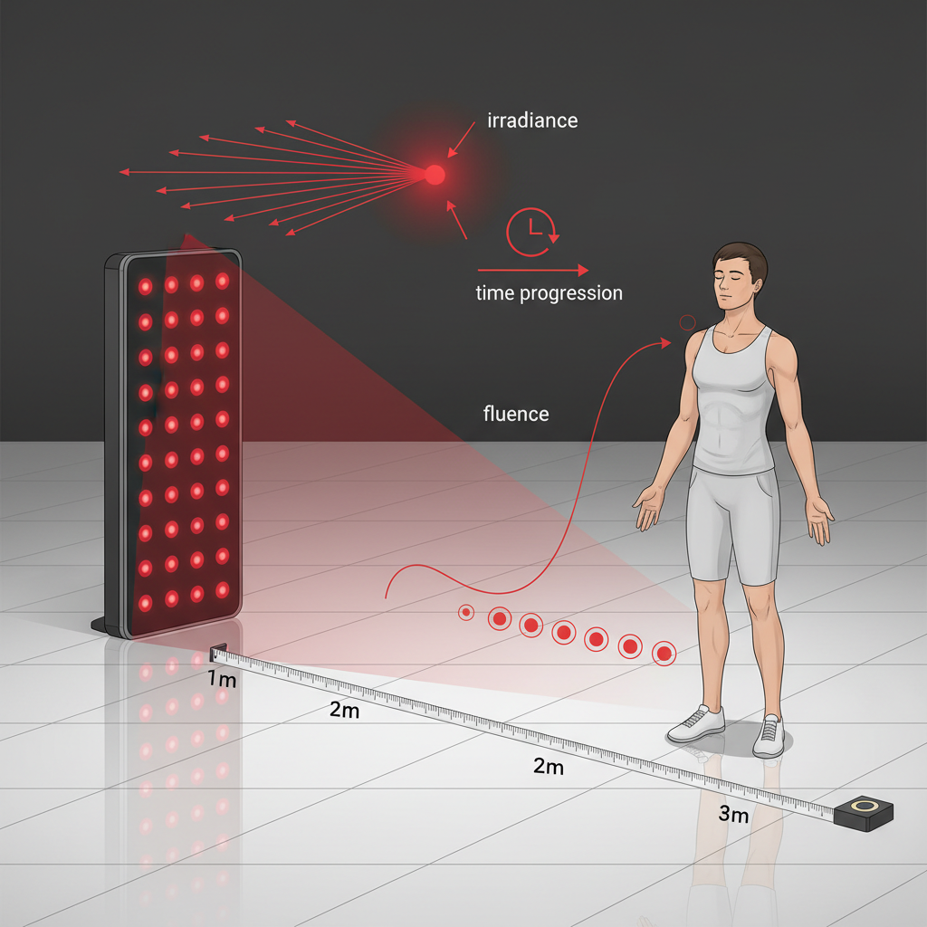Technical illustration of a red light therapy panel shining toward a person at a measured distance, comparing irradiance and fluence.