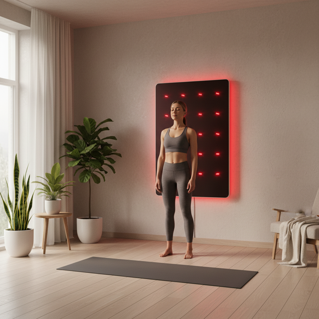 Modern home wellness room featuring a large red light therapy panel mounted on the wall with a person standing in front during a session, clean minimalist design, soft ambient lighting