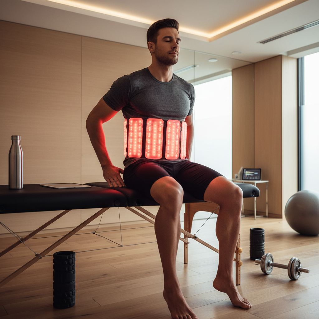 An athlete using a red light therapy panel on the legs in a modern recovery setting.