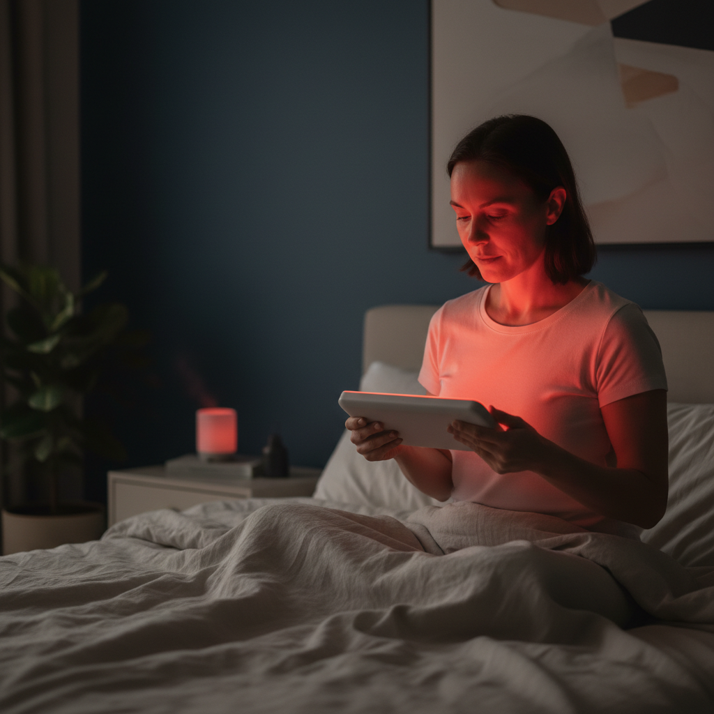 A person relaxing in a dimly lit bedroom while using a red light therapy device before sleep.