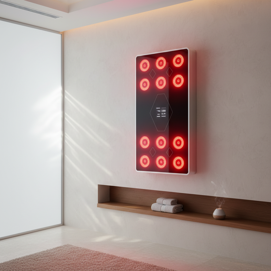 Modern red light therapy panel emitting red and near-infrared light in a clean home wellness room setup