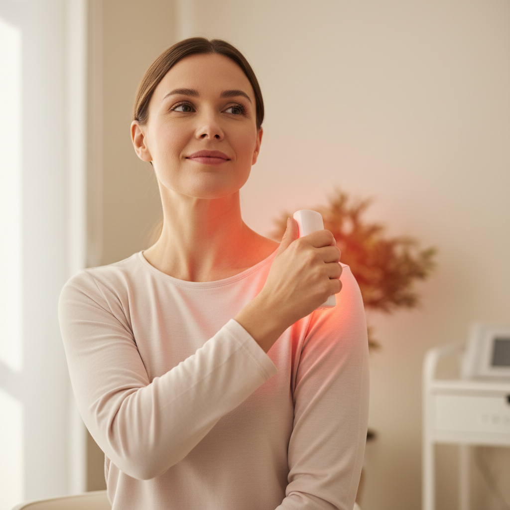 A person gently moving their shoulder under a subtle red light glow in a warm clinical setting.