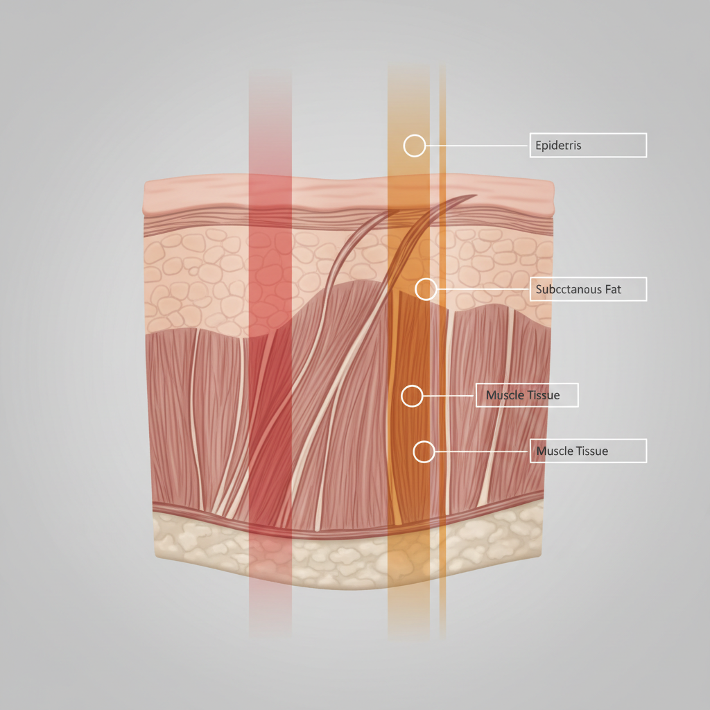 Illustration showing red light entering the skin and reaching different depths, with labeled layers for skin and deep tissue.