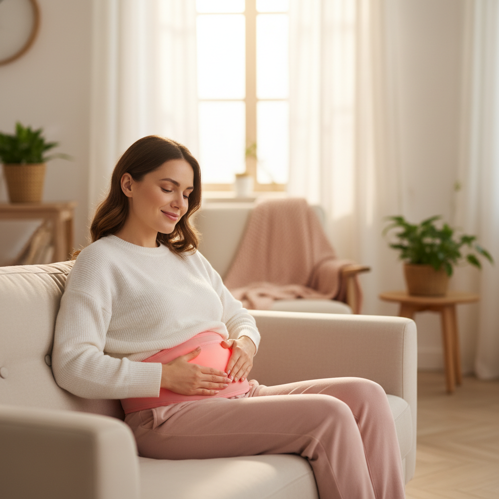 A postpartum mother gently using a red light therapy belt on her abdomen in a calm home setting.