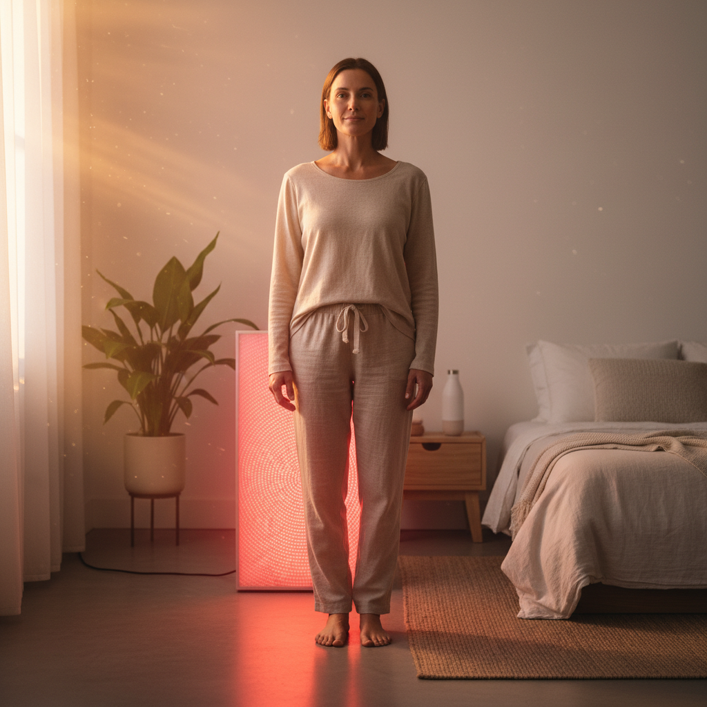 A person using a red light therapy panel in warm morning sunlight, suggesting circadian wellness and a healthy start to the day.