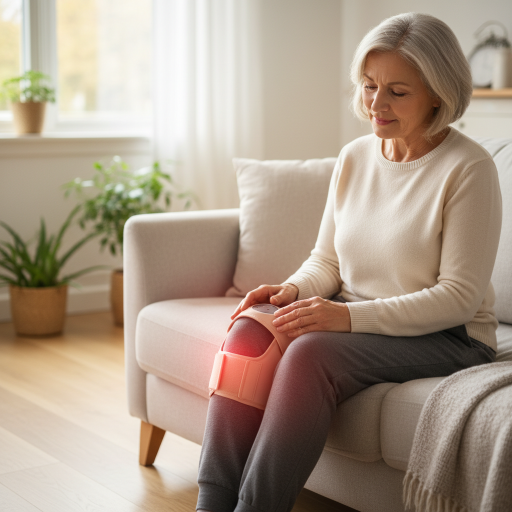 An older adult comfortably using a red light therapy device on a knee at home.