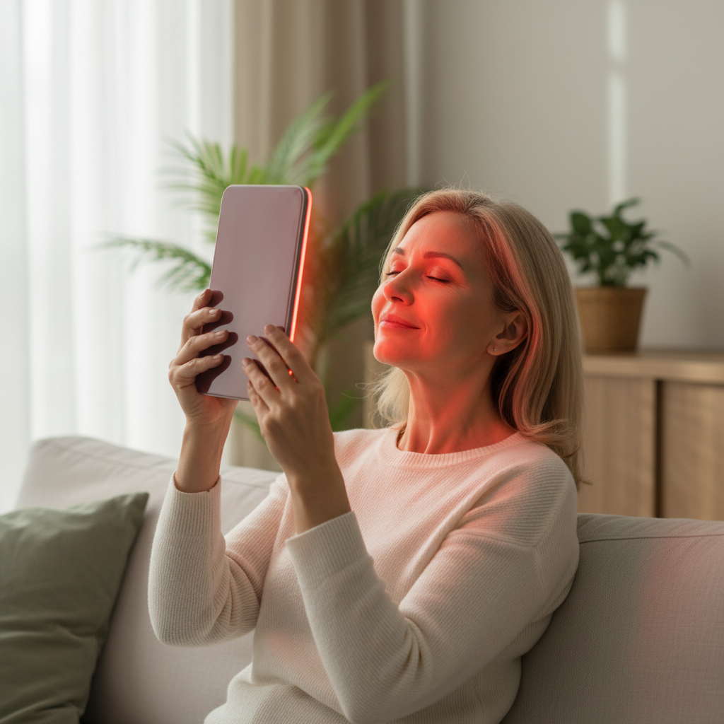 A middle-aged woman using a red light therapy panel on her face in a calm home setting, with subtle skin tone improvement suggested.