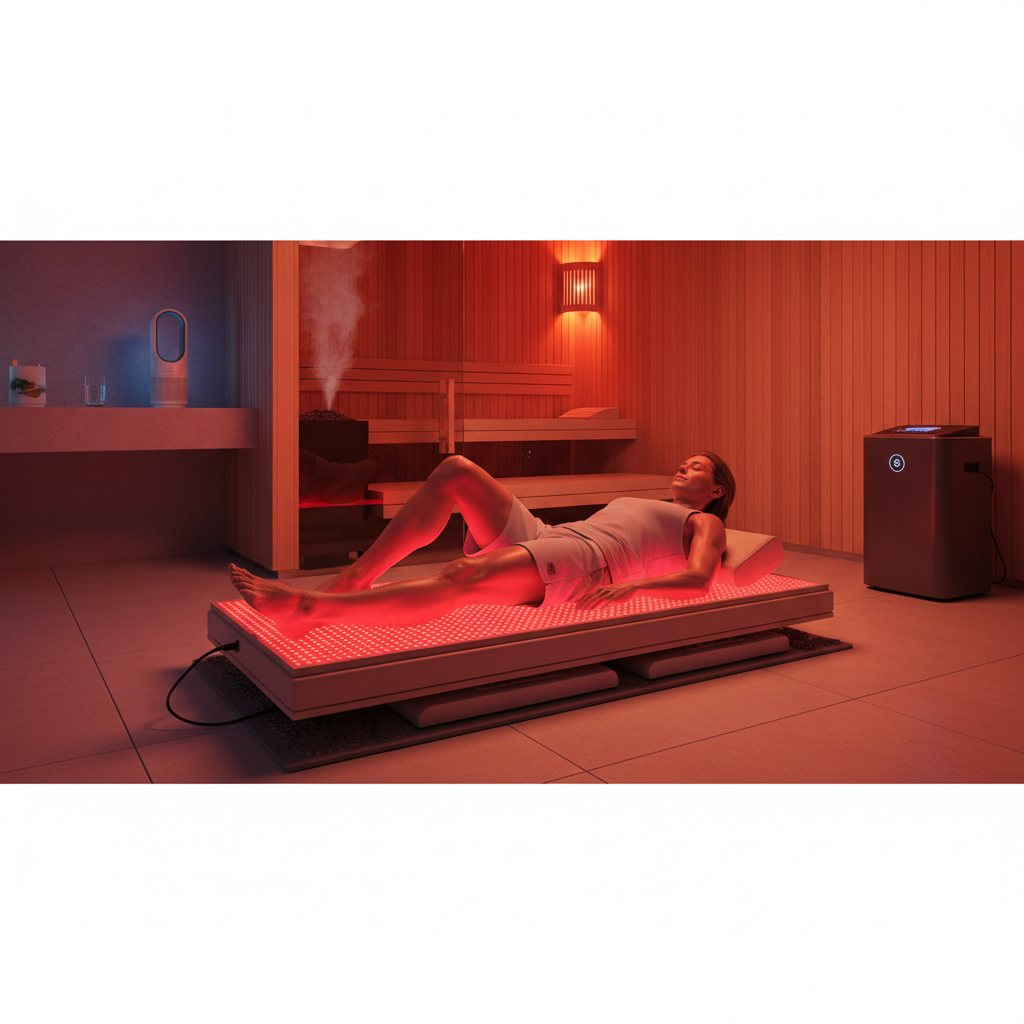 A biohacker using a stacked recovery setup with a red light therapy mat in a modern wellness room, with sauna elements visible in the background.