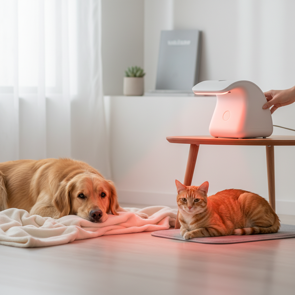 A professional veterinary setting showing a calm dog and cat with a red light therapy device nearby, suggesting safe at-home pet care.