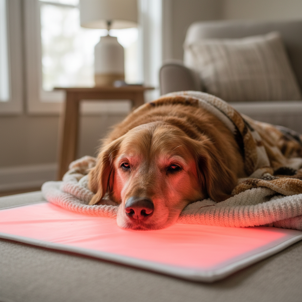 A senior dog resting calmly on a gentle red light therapy mat in a cozy home setting.