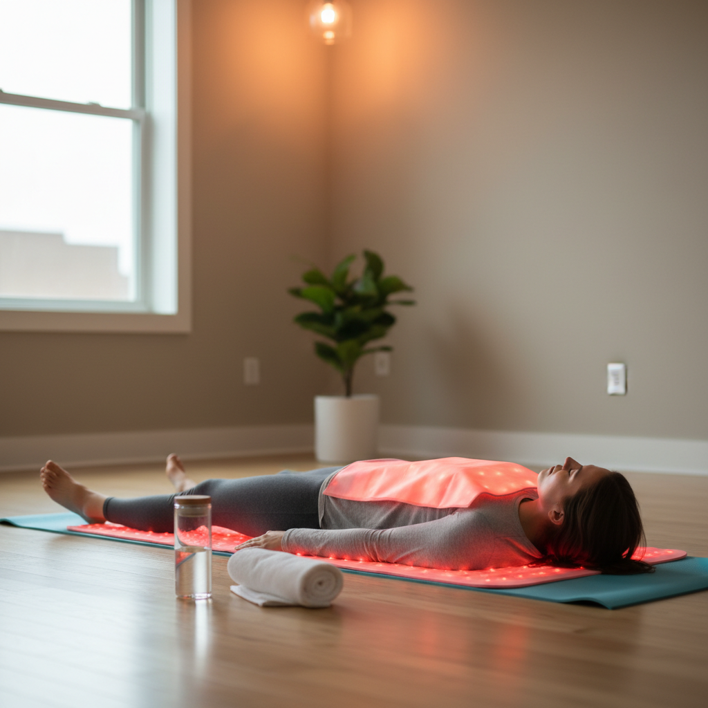 A person relaxing on a red light therapy mat in a recovery pose after activity, in a calm wellness setting.