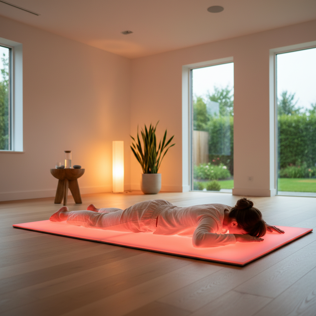 A person relaxing on a glowing red light therapy mat in a modern home wellness room.