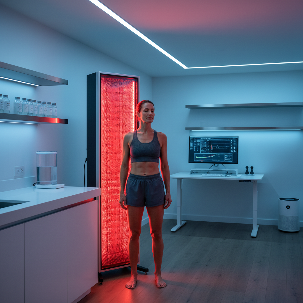 A professional biohacker standing in a modern home lab using a full-body red light panel for wellness recovery.
