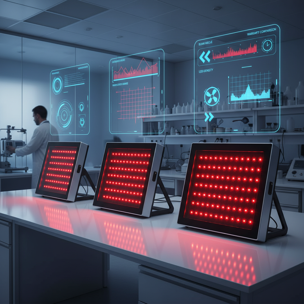 Professional comparison scene of premium red light therapy panels in a clinical lab setting, with spec-focused visual overlays suggesting irradiance, wavelength, and build quality.