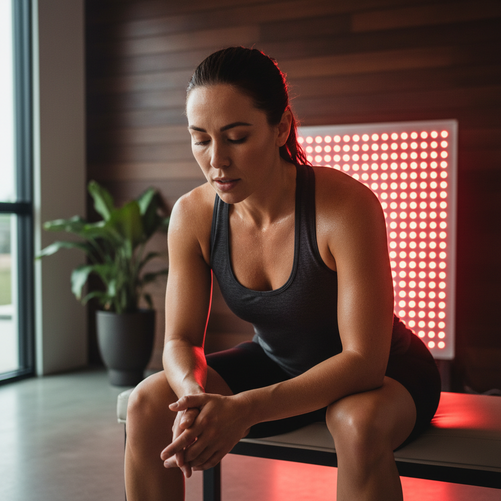 An athlete resting after a workout with a red light therapy panel glowing in the background in a professional fitness setting.