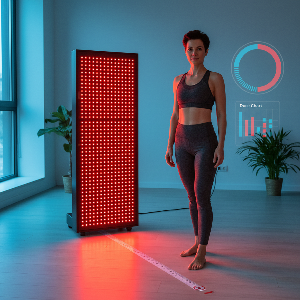 A person stands at a measured distance from a red light therapy panel with a timer and dosing chart shown in a clean educational wellness setting.