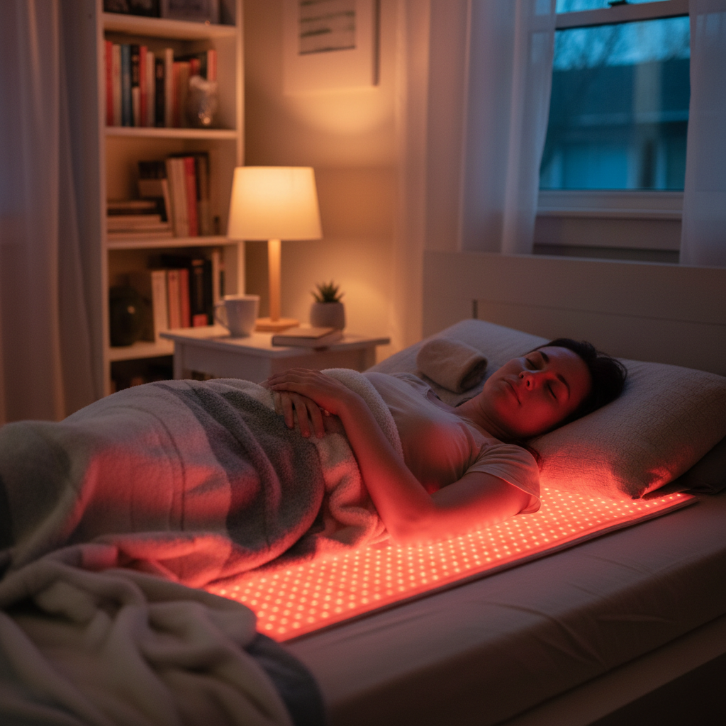 A serene at-home evening recovery scene showing a person with EDS relaxing on a full-body red light therapy mat, lit by a soft red glow with a calm, comfortable posture.