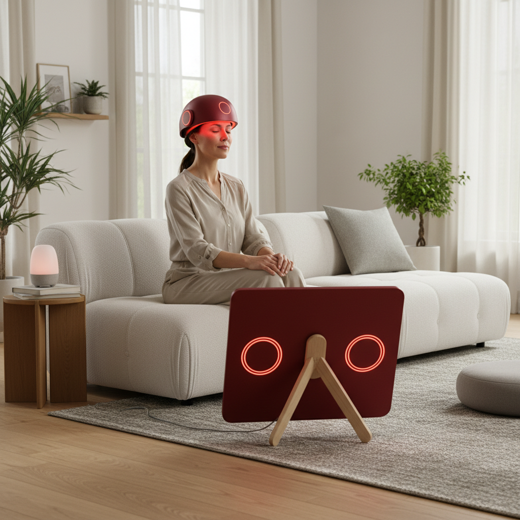 A professional biohacker using a red light therapy helmet in a modern home setting.