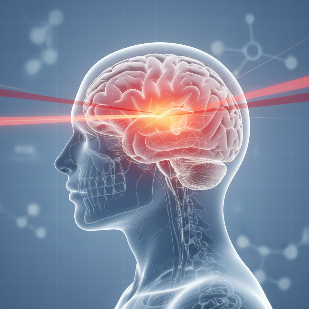 Scientific illustration of transcranial red light therapy applied to a human head, with a subtle glow suggesting brain activity and reduced inflammation.