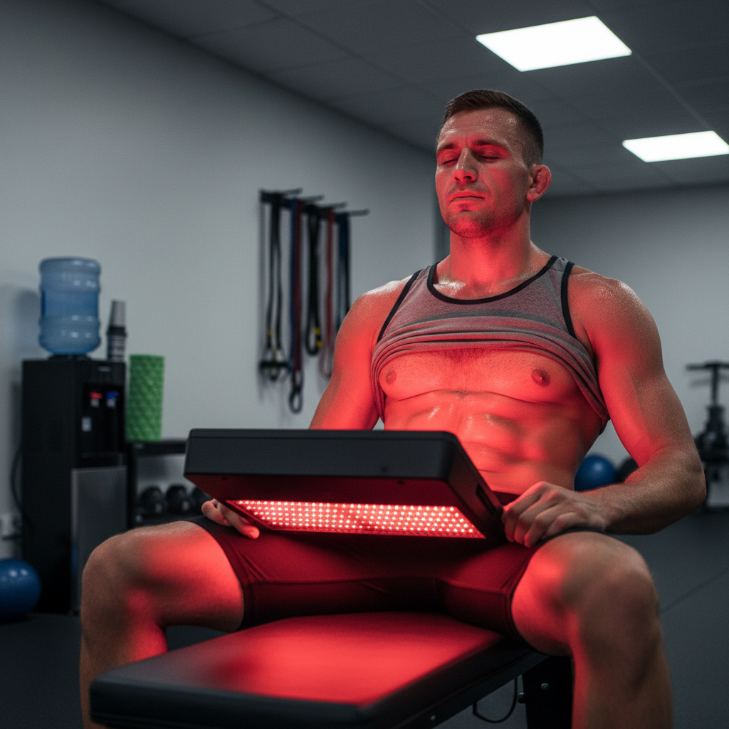 An MMA fighter recovering in a gym while using red light therapy on the body, seated in a calm athletic recovery pose after training.