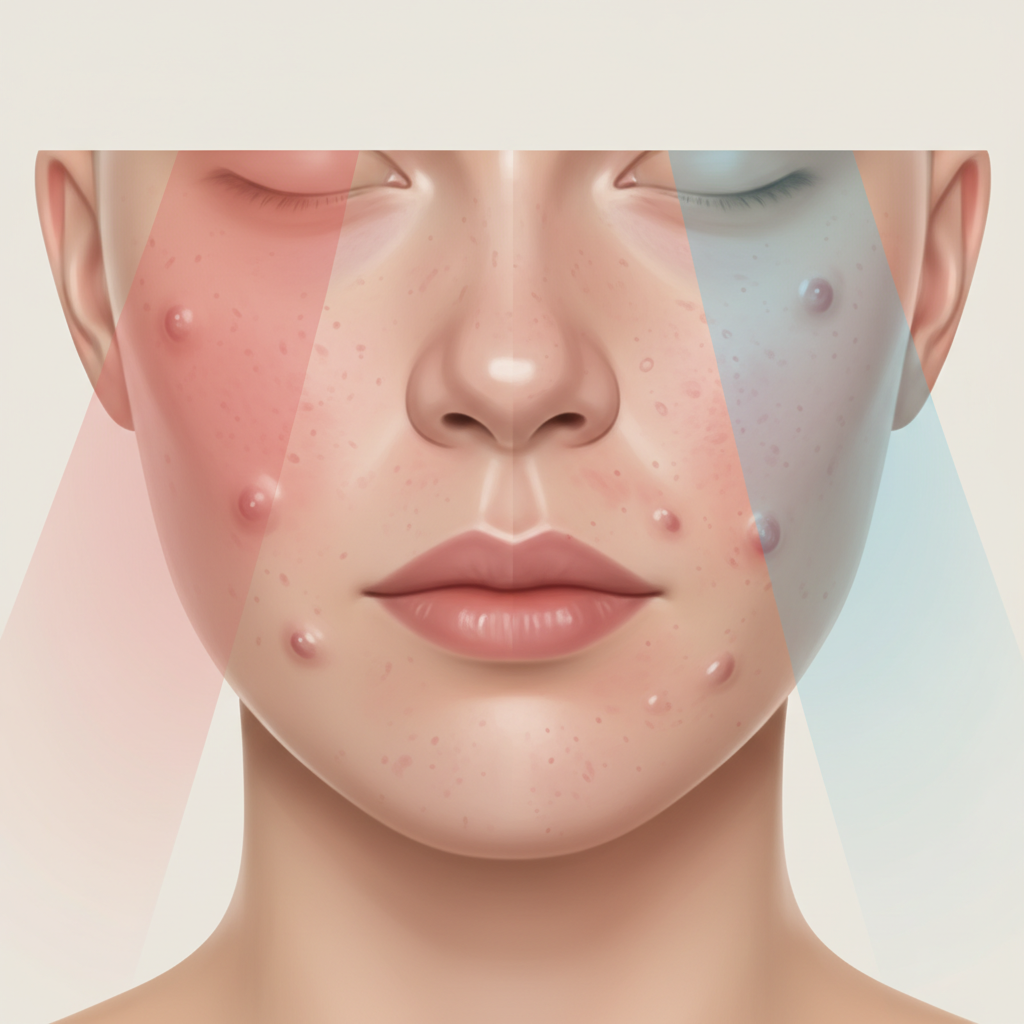 Clinical-style comparison image of red and blue light treatment on acne-prone skin, showing inflamed cystic acne and a scientific visual explanation.