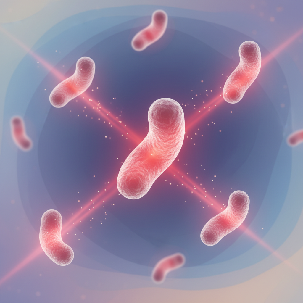 Scientific illustration of mitochondria supported by red and near-infrared light rays at the cellular level.