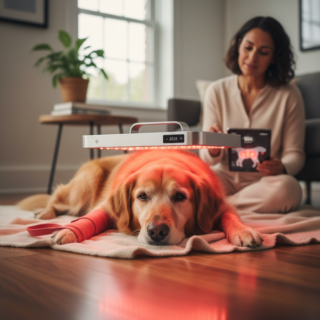 Senior dog receiving gentle red light therapy at home from a modern veterinary device, with a calm and relaxed mood.