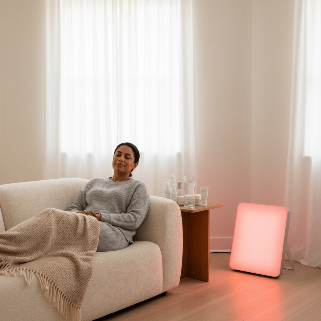 A calm, clinical home setting showing a person recovering after cosmetic surgery with a red light therapy panel nearby, suggesting gentle at-home healing support.