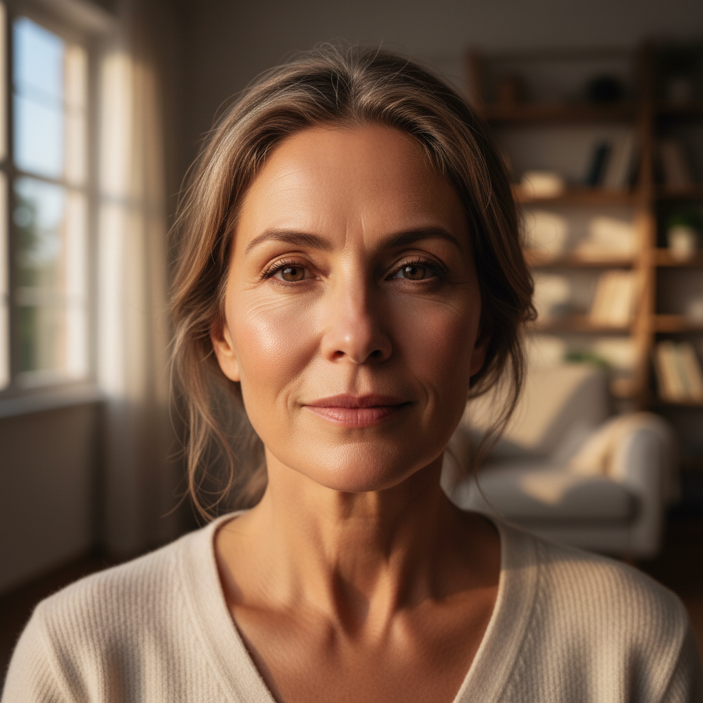 A serene, empowering portrait of a confident woman in her 40s with healthy glowing mature skin, softly lit by a warm red glow on her face and neck in a home setting, realistic and aspirational.