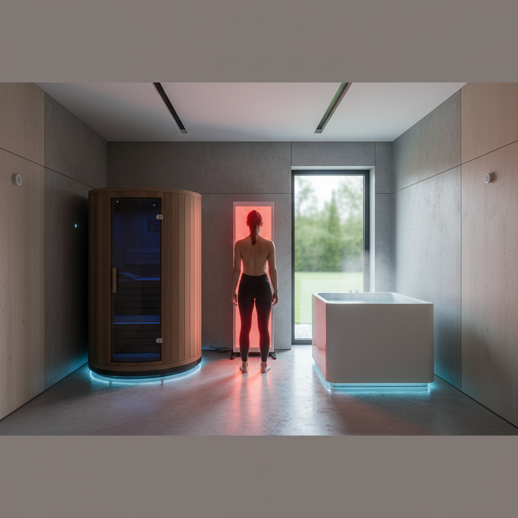 A fit person in a modern home biohacking room using red light therapy, with a sauna and cold plunge nearby, conveying a balanced recovery routine.